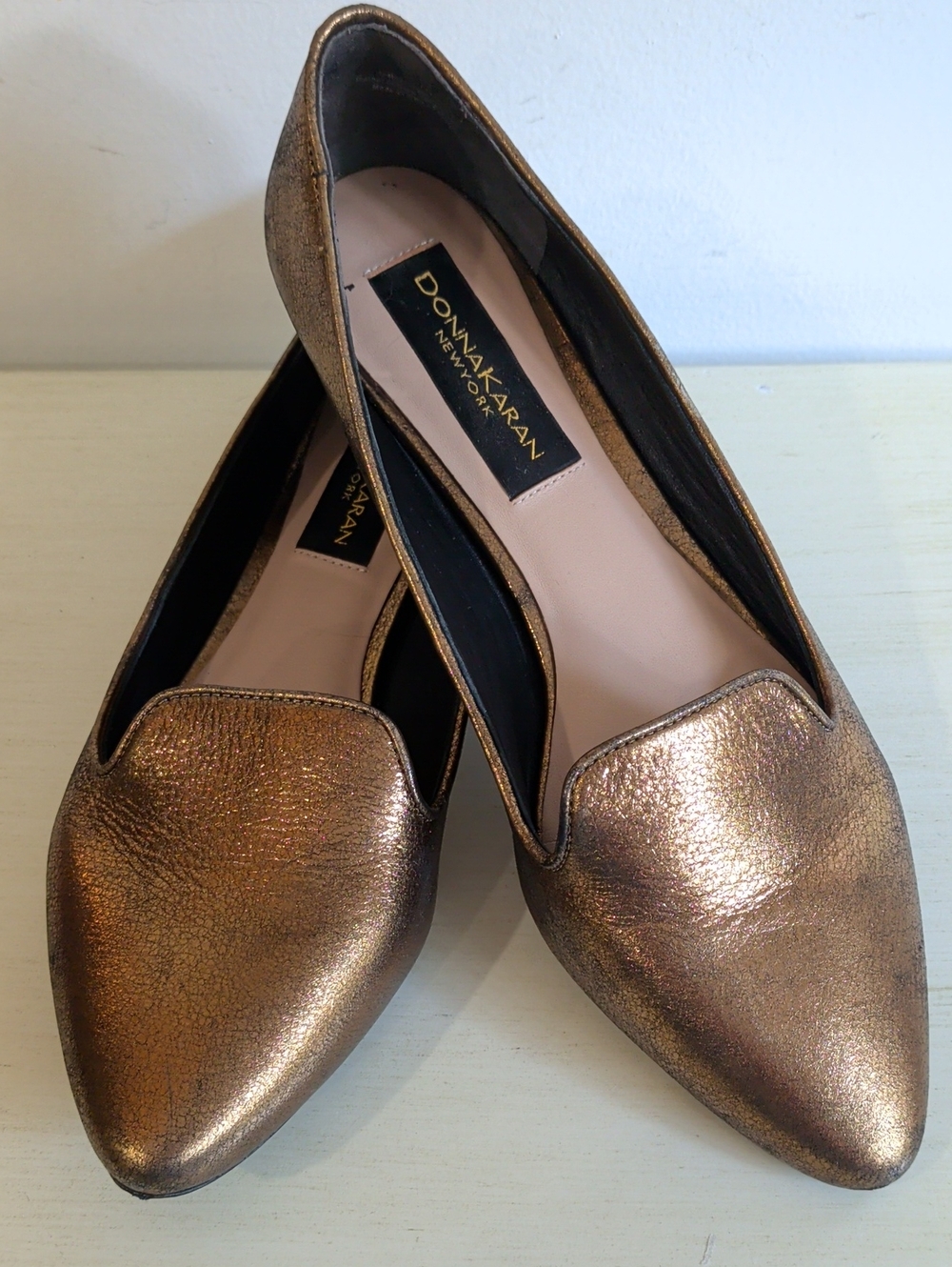 Donna Karan Metallic Bronze Leather Pointed-Toe Slip-On Flats Size 39